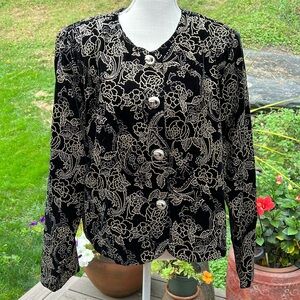 Joanna cocktail, top or jacket, velvet, and gold glitter floral design. Size XL.